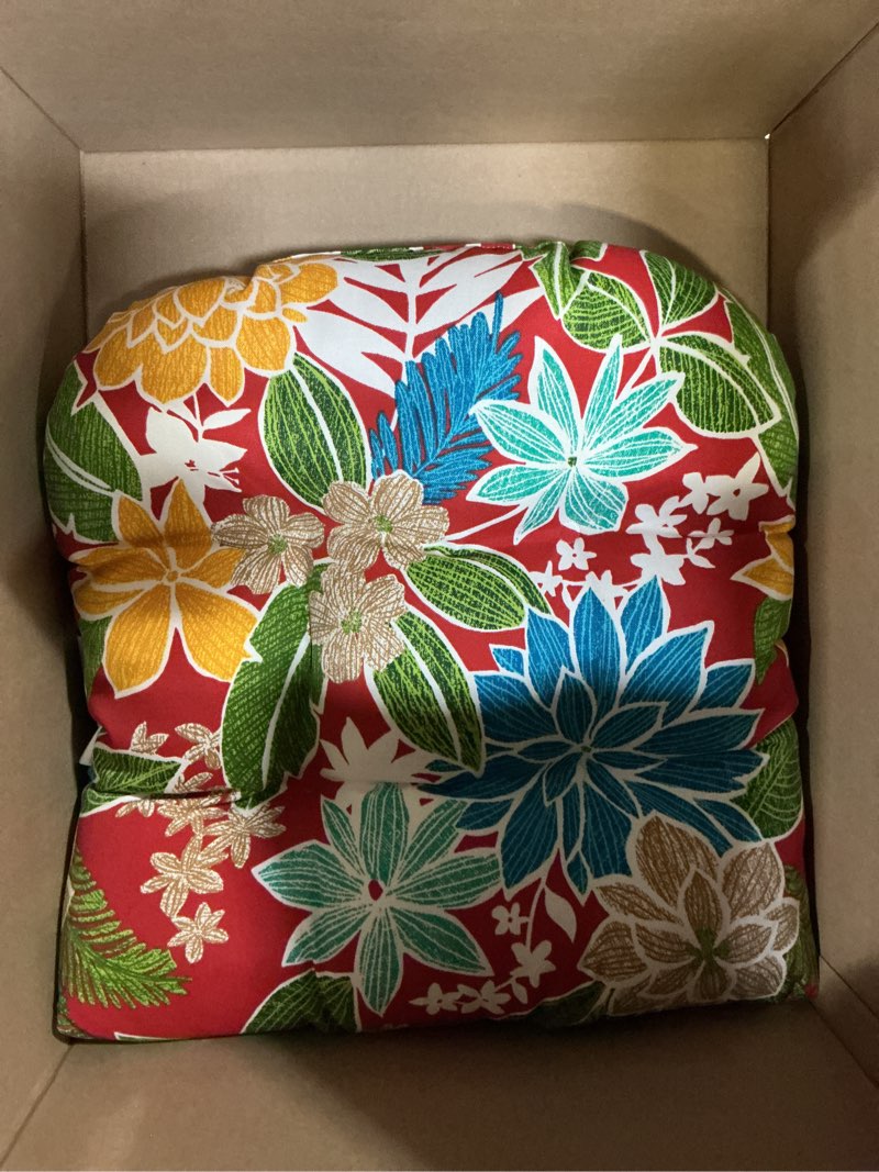 Condition photo showing Good Condition for pillow perfect tropic floral indoor/outdoor chair seat cushion, tufted, weather, and fade resistant, 19\" x 19\", red/green bora cay, 2 count 19\" x 19\" red/green bora cay 1 pcs