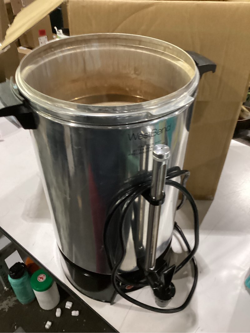 Condition photo showing As Is for used incomplete west bend 33600 coffee urn commercial highly-polished aluminum nsf approved features automatic temperature control large capacity with fast brewing and easy clean up, 100-cup, silver