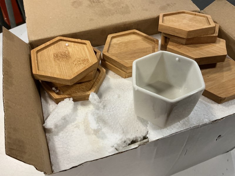 Condition photo showing Good Condition for Foraineam 10 Pack Mini Succulent Plant Pots, 2.76 inch Hexagonal White Ceramic Succulent Cactus Planters with Bamboo Tray