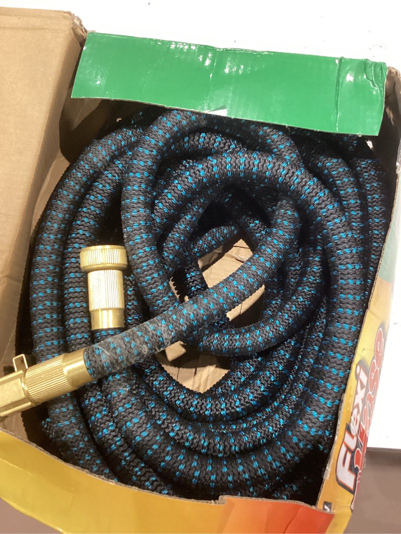 Condition photo showing As Is for flexi hose expandable garden hose with 8 function nozzle, 100ft - lightweight retractable garden hose, water hose - no-kink flexibility, 3/4 inch solid brass fittings and double latex core