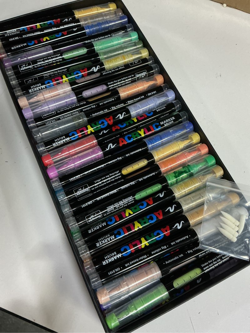 Condition photo showing New/Like New for Guangna Acrylic Paint Markers Brush Tip, 72 Vivid Colors with Direct-Liquid Ink Control System, Professional-Grade Paint Pen for Rock Painting, Canvas, Glass, Plastic, Fabric & Creative Crafts 1 Count (Pack of 72) Multicolor