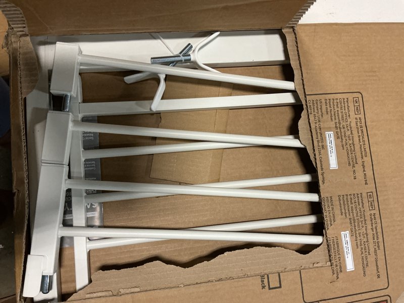 Condition photo showing As Is for babelio baby gate for doorways and stairs, 36“ tall pet gate, pressguard p7 with auto close design, 29"-43" wide easy install pressure mounted, safety gate door for child and pet, white white 36"tall 29"-43" wide