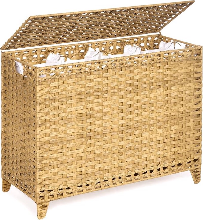 laundry hamper with 4 removable liner bags; 176l handwoven rattan laundry basket with lid & heightened feet; clothes hamper with side handles