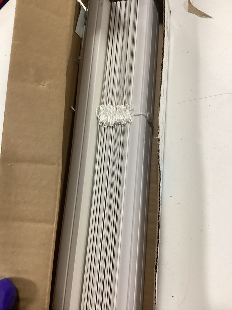 Condition photo showing As Is for mainstays 1" cordless vinyl light filtering mini blinds, white, 43x64