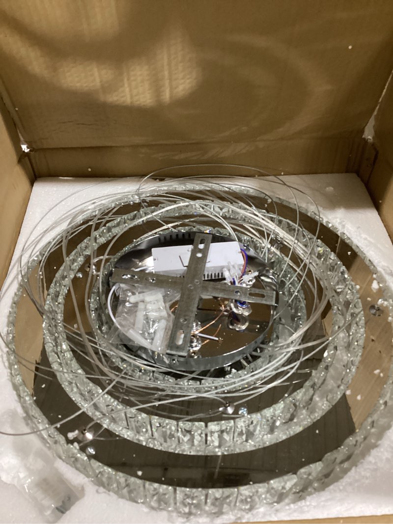 Condition photo showing Good Condition for Finktonglan 3-Ring Crystal LED Chandelier, Cool White 6500K, 52W Integrated, Adjustable Height & Shapes, K9 Crystal & Stainless Steel Pendant Light for Dining Living Room Foyer, Non-Dimmable