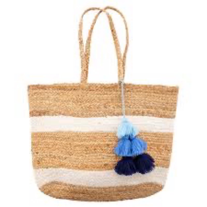 Karma, Women Jute Beach Bag, Woven Straw Beach Tote Bag, Jute Travel Tote with Tassel, White Stripe