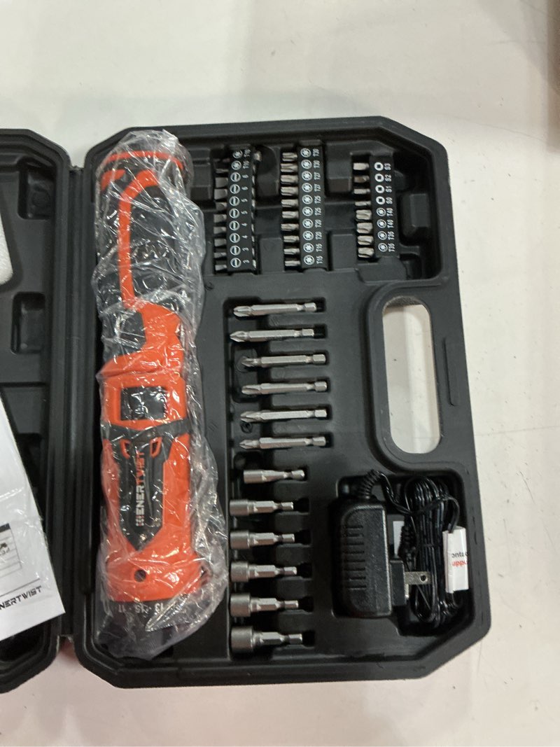 Condition photo showing Good Condition for enertwist cordless screwdriver, 8v max 10nm electric screwdriver rechargeable set with 82 accessory kit and charger in carrying case, 21+1 cluth, dual position handle, led light, et-cs-8 82pcs 8v orange