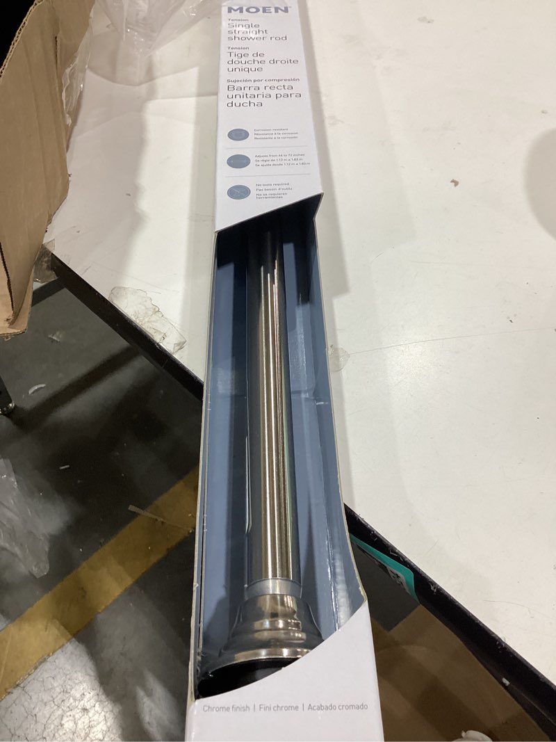 Condition photo showing New/Like New for Moen Chrome 44-72-Inch Adjustable Tension Mounted Straight Shower Curtain Rod for Bathroom, No Drilling Needed, TR1000CH Chrome Animal Print