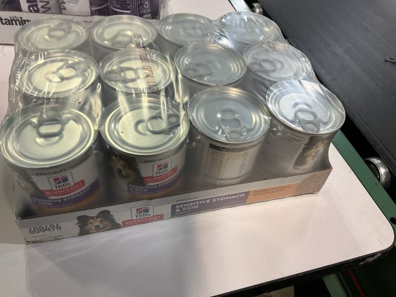 Condition photo showing New/Like New for (Best By 05/2027) Hill's Science Diet Adult Sensitive Stomach & Skin Tender Chicken & Vegetable Stew Canned Dog Food, 12.5 oz., Case of 12