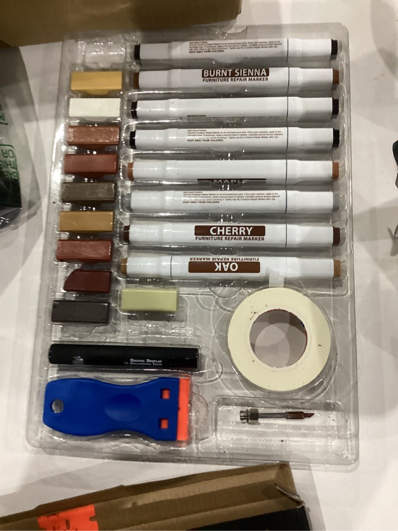 Condition photo showing As Is for Vinyl Floor Repair Kit with Upgraded Heat Pen - 11 Colors Hardwood Wax 8 Colors Dual Tip Furniture Touch Up Markers, Laminate Flooring Scratch Repair Kit Covers Wooden Scratches, Cracks, Holes Black