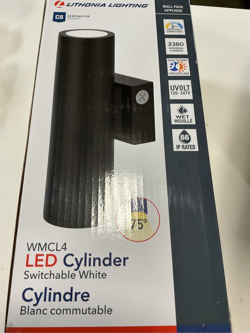 Condition photo showing New/Like New for lithonia lighting wmcl 4 inch led outdoor wall light, modern cylinder outdoor wall sconce with up/down/both beam direction, selectable white color, photocell dusk-to-dawn, 75-degree beam spread 4-inch (uvolt) 75 degree beam spread