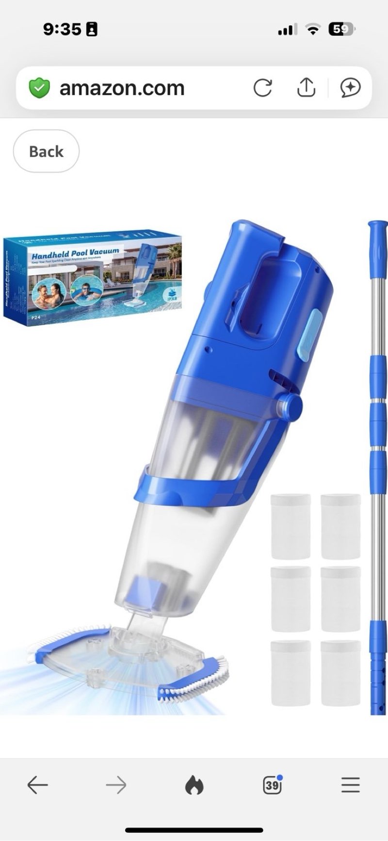 Cordless Handheld Pool Vacuum Cleaner with Telescopic Pole, 24 GPM Powerful Suction, Longer 1H Runtime, Portable Pool Vacuums for Above Ground/Inground Pools, Hot Tubs, Spas