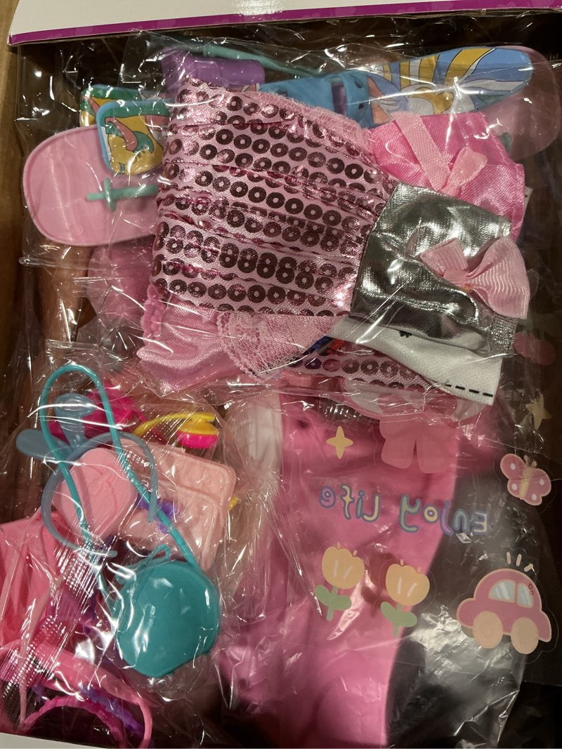 Condition photo showing New/Like New for 67Pcs Doll Clothes and Accessories with Doll, Motorcycle Scooter Set, Skiing Kit, Pet Set, 10 Shoes, 6 Outfits (Dress/Pants/Casual), Doll Playset Dress Up Toys for Girls Kids Toy Gifts