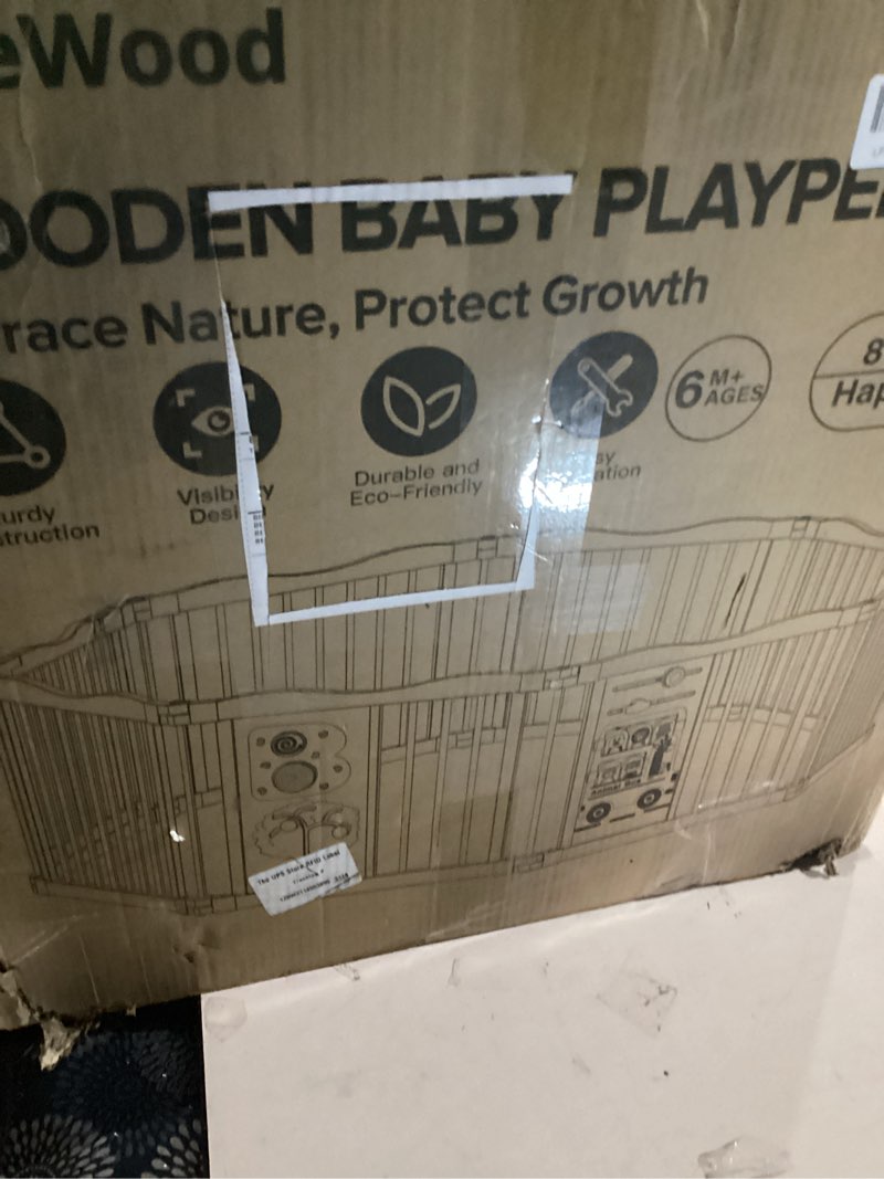 Condition photo showing Good Condition for Foldable Wooden Playpen - Adjustable Wood Baby Play Yard with Child-Proof Lock, Indoor Large Safety Fence for Babies and Toddlers - Easy Assembly, 55 x 55 x 24 inches, Natural Animal Bus Natural Animal Print