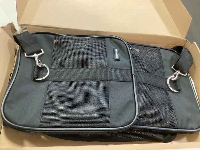 Condition photo showing As Is for Amazon Basics Soft-Sided Mesh Pet Travel Carrier for Dog, Cat, up to 22 pounds, 19.7\" L x 12\" W x 12\" H, Black 20.0\"L x 12.0\"W x 12.0\"H Without Wheels