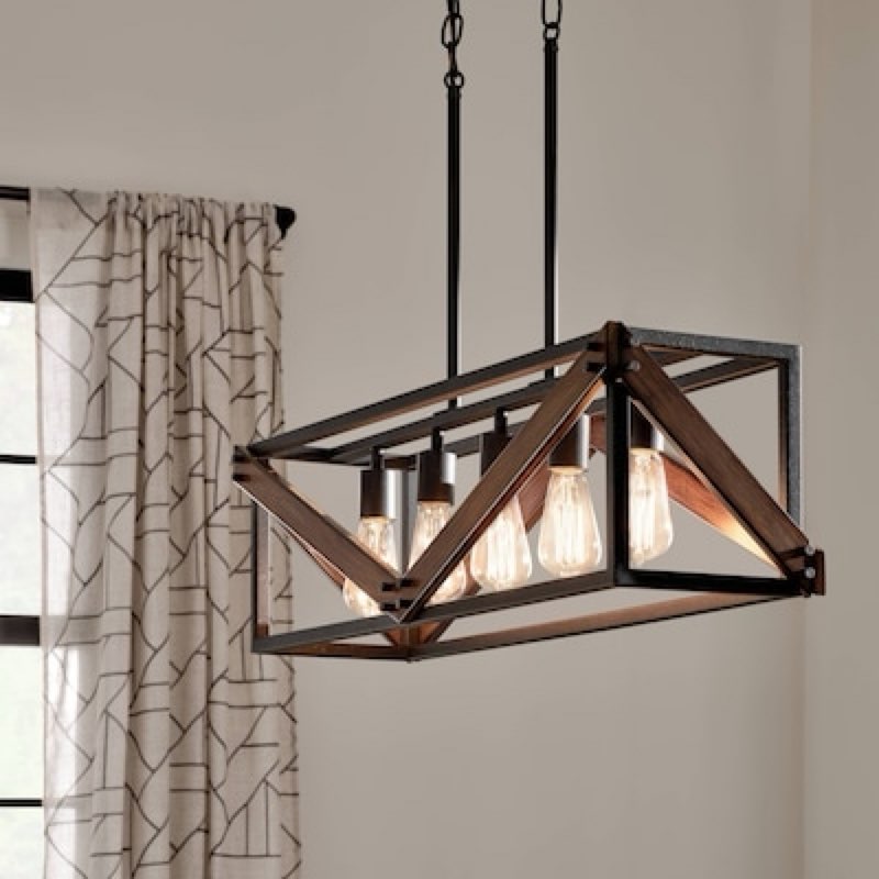 kichler barrington 5 -light distressed black and wood tone farmhouse cage linear large