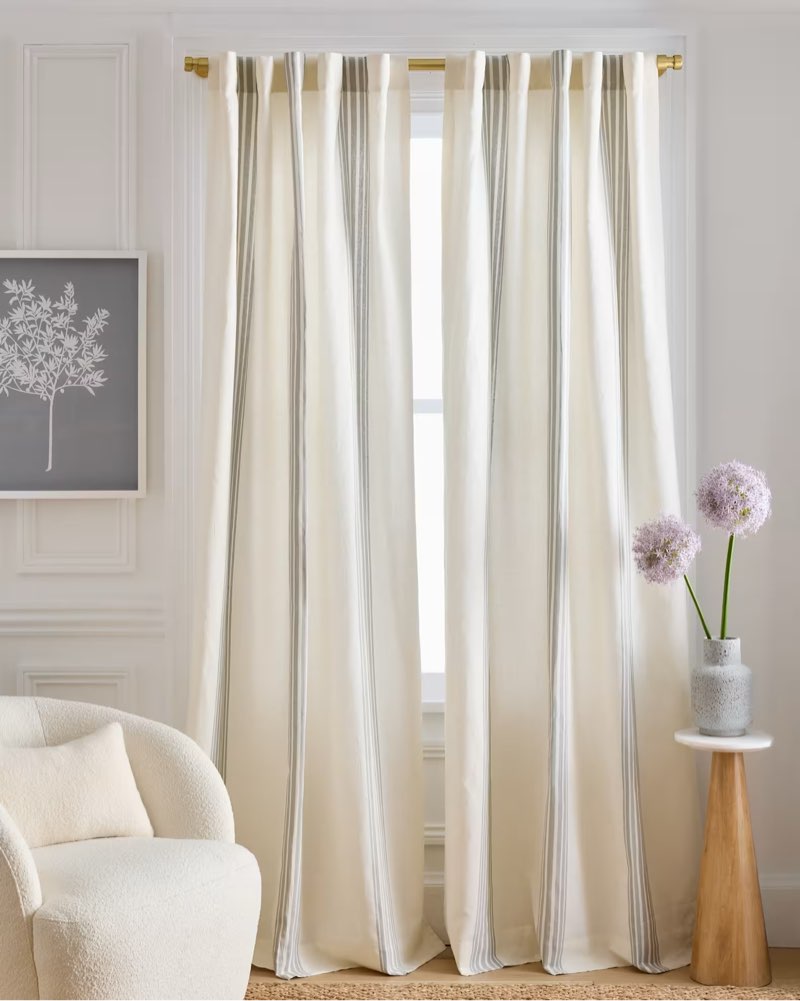 Quince Coastal Stripe Linen Cotton Curtain 48*96 color ivory/ sage green 