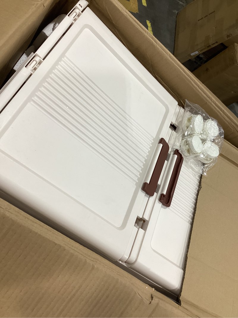 Condition photo showing As Is for 4 pack 19.5 gal folding storage bins with lids, closet organizers and storage,stackable storage bins, folding storage box,collapsible trunk storage bins with 8 wheels (4 large and 4 small) & 1 lid