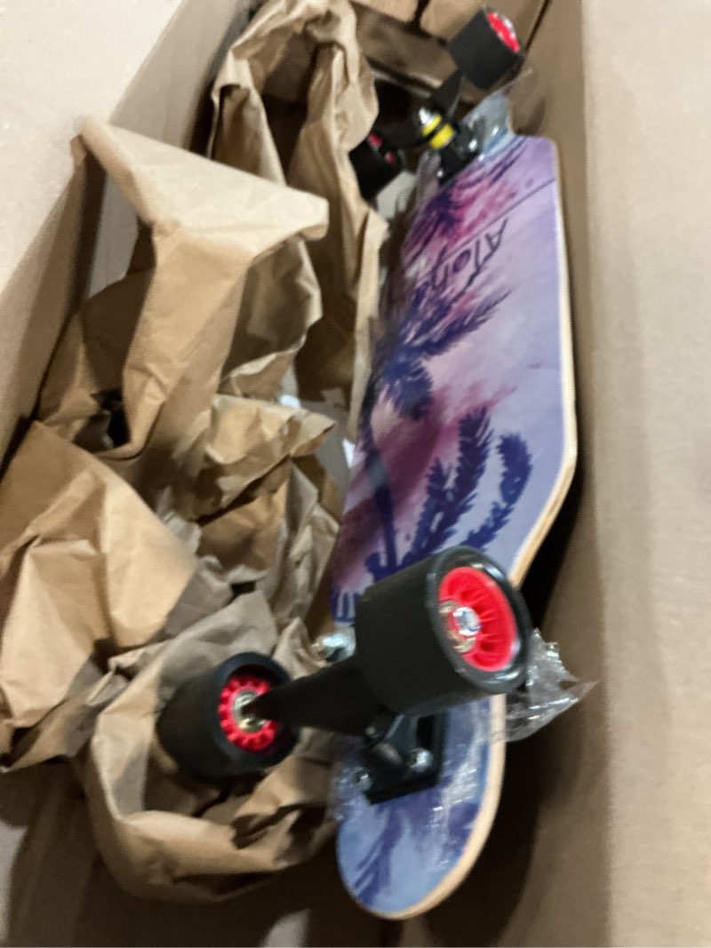 Condition photo showing As Is for mini cruiser longboard, 31 inch small size wide wheel skateboard, beginner stable & easy-to-control skateboard, suitable for park & street riding, unique flame pattern coco