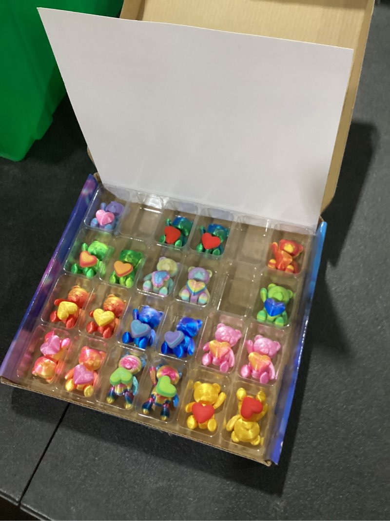 Condition photo showing As Is for 24 Pack Valentines Day Gifts for Kids - 3D Printed Mini Bear Toys with Spinning Hearts & Cards, Articulated Animal Fidgets for Classroom Exchange, Party Favors, School Prizes