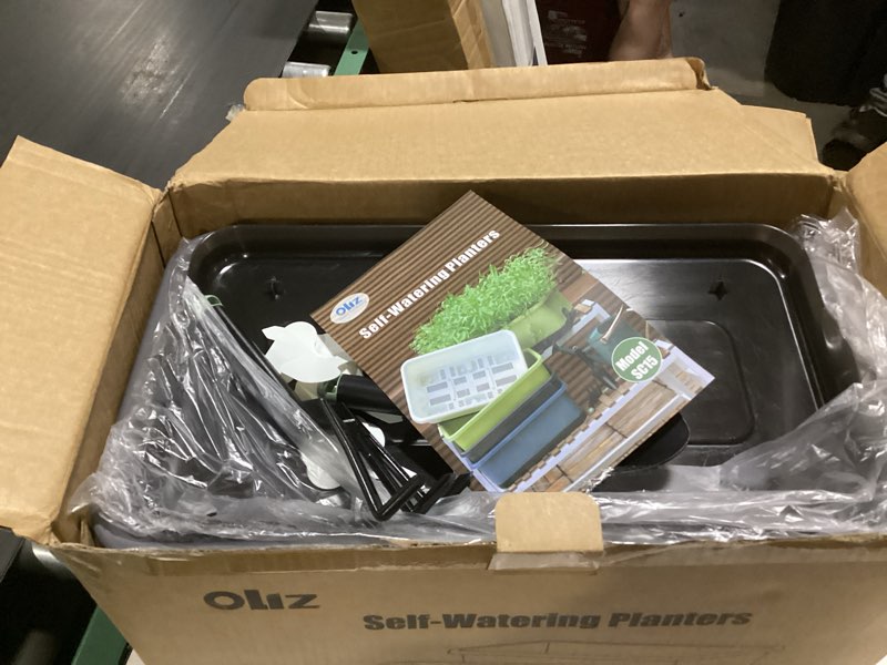 Condition photo showing New/Like New for window box planter 6 pcs, 17 inches rectangle flower pots with drainage holes and trays, vegetable planters for windowsill patio garden balcony home indoor outdoor (light green, 18*10*6 inch) 18*10*6 inch light green