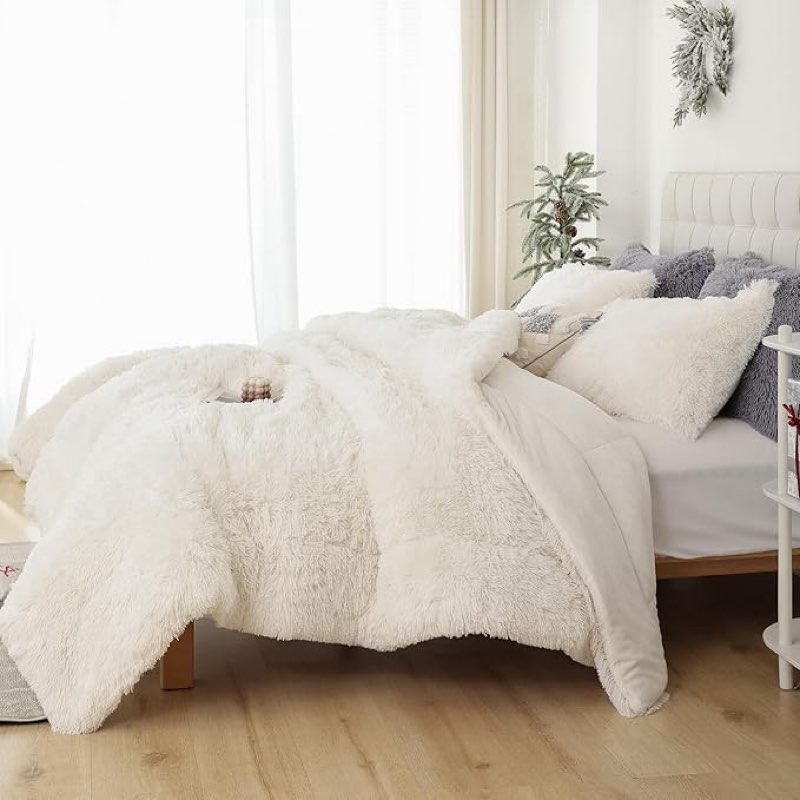smoofy fluffy full size comforter set, faux fur comforter set, luxury fuzzy bedding set, soft shaggy full bed set for all season, 1 pieces - 1 comforter &, white 