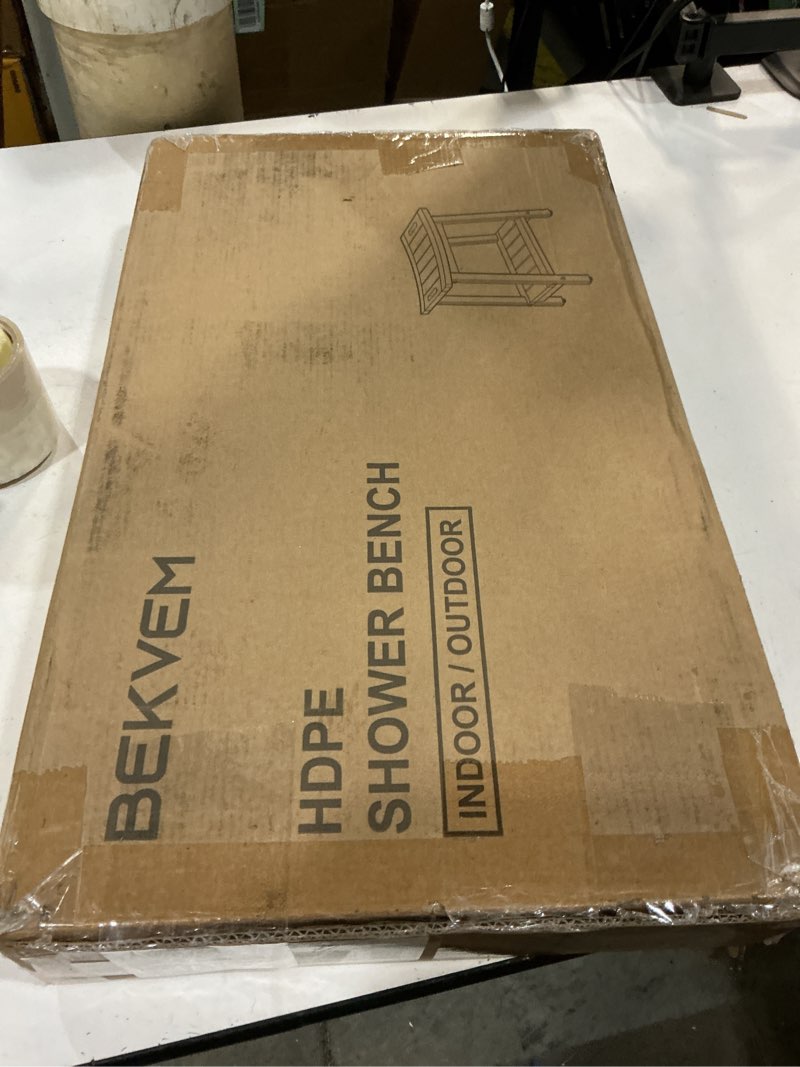 Condition photo showing New/Like New for shower bench for inside shower - white hdpe shower stool waterproof - spa bathroom seat chair with handle, storage shelf, adjustable feet - indoor/outdoor, weather resistant large 21x12.5x17 inch white
