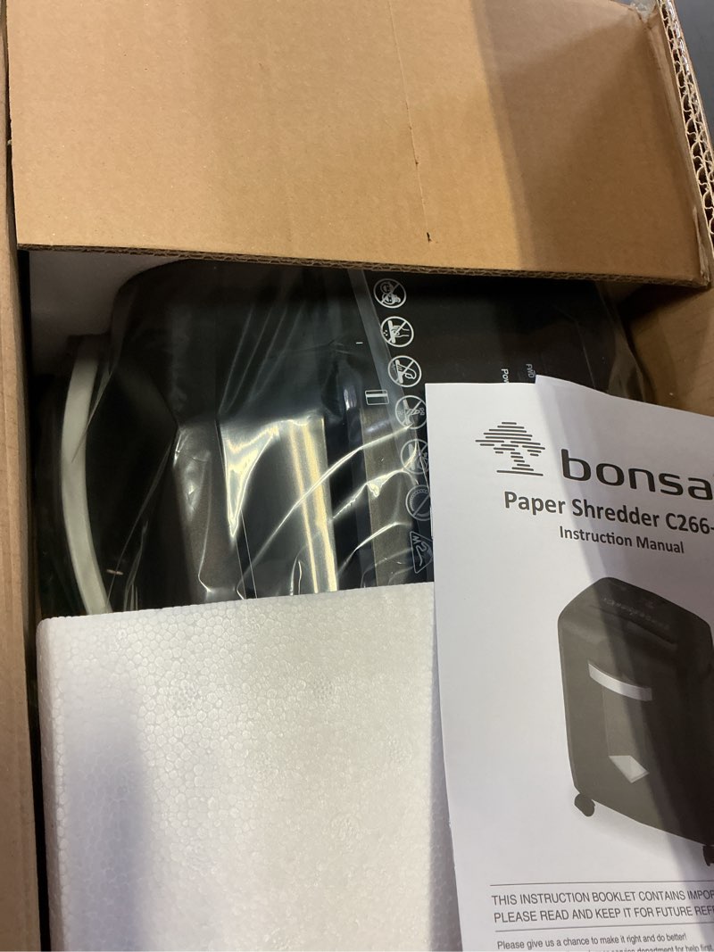 Condition photo showing New/Like New for bonsaii 12-sheet micro cut shredders for home office, 60 minute p-4 security level paper shredder for cd, credit card, mails, staple, clip, with jam-proof system & 4.2 gal pullout bin c266-b 12 sheet-6 0mins