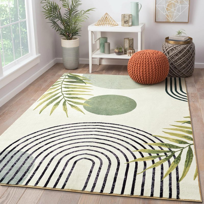 roomtalks mid century modern living room rug washable 5x7 rug, green boho cute aesthetic area rugs carpet for bedroom dining room office, vintage abstract leaves thin indoor entryway rug carpet 4'11\\\" x 6'11\\\" (rectangular) green