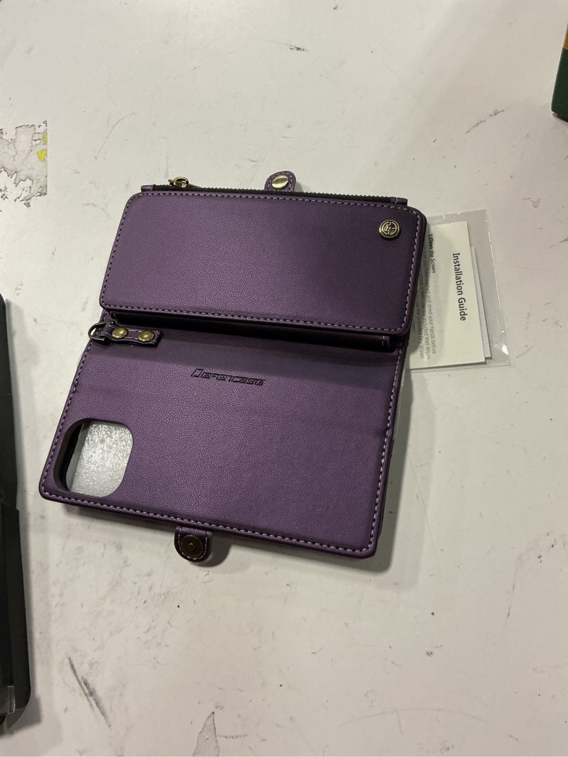 Condition photo showing Good Condition for defencase compatible with iphone 15 case wallet with rfid blocking card holder for women and men, fashion pu leather magnetic snap flip zipper strap wallet phone case fit for iphone 15 6.1", purple iphone 15 (6.1" dual cameras) aesthetic purple