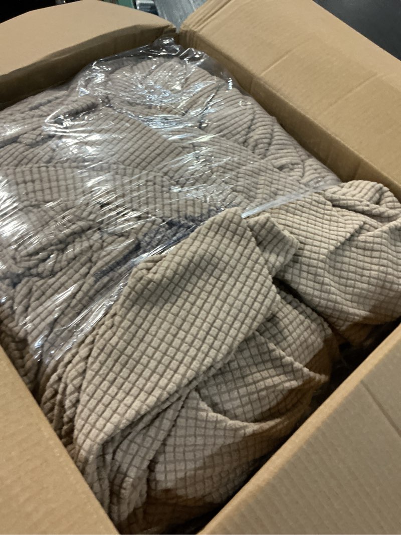 Condition photo showing Good Condition for chun yi 7 piece stretch sofa cover, 3 seater couch slipcover with three separate backrests and cushions with elastic band, checks spandex jacquard fabric(large,sand) large sand