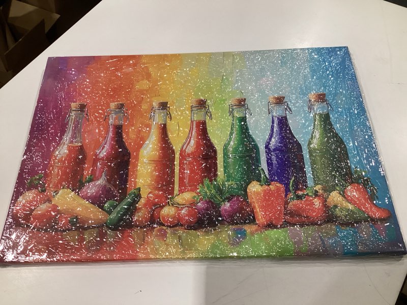 Condition photo showing New/Like New for OAAPITI Kitchen Canvas Wall Art Colorful Spices Seasoning Bottle And Vegetable Picture Print Abstract Contemporary Modern Artwork Home Decoration Ready To Hang(Artwork-5,16"x24") Artwork-5 24L" x 16W"