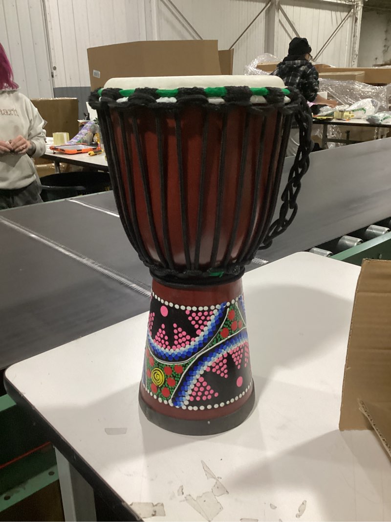 Condition photo showing Good Condition for wood djembe drum, 4.5'' x 8''carved mahogany african drums with goatskin drumhead, west african styled professional djembe hand drum for kids and adults beginners 4.5 inch