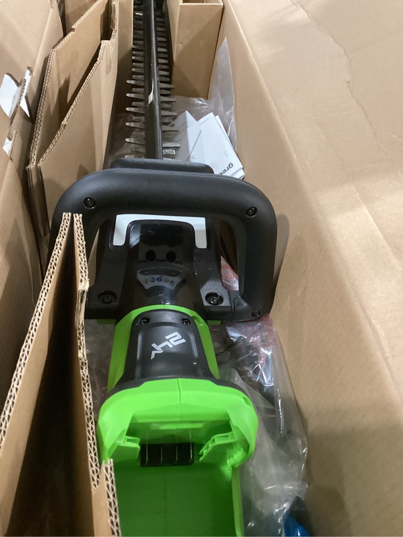 Condition photo showing New/Like New for greenworks 24v 24" (1.1" cutting capacity/rotating handle) brushless hedge trimmer cordless, 2.0ah battery and charger included with 2ah battery 24in