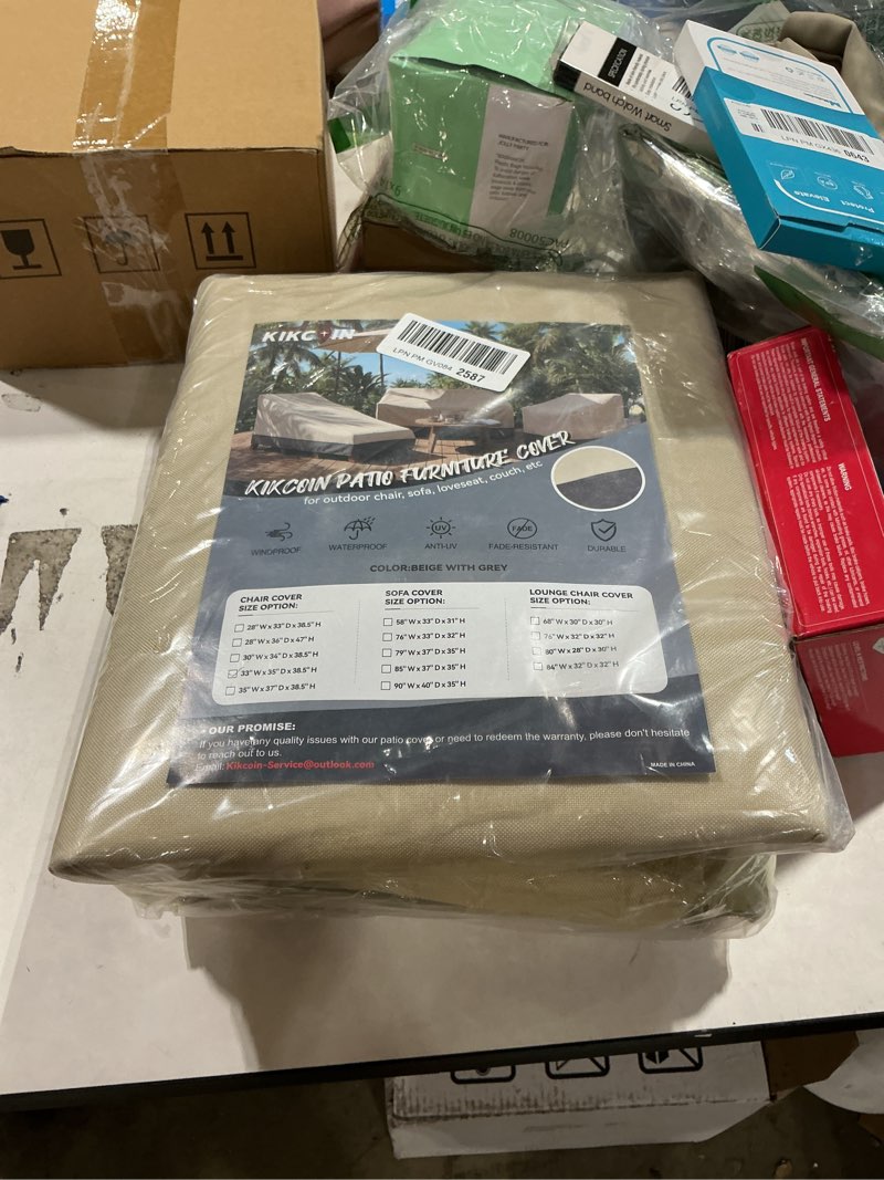 Condition photo showing New/Like New for extra heavy duty outdoor chair covers waterproof - 2 pack patio furniture covers for outdoor swivel/ rocking chair/ adirondack chairs - outdoor seat cover with air vents, 33\"w x 35\"d x 38.5\"h beige with grey 2 pack - 33\" w x 35\" d x 38.5\" h