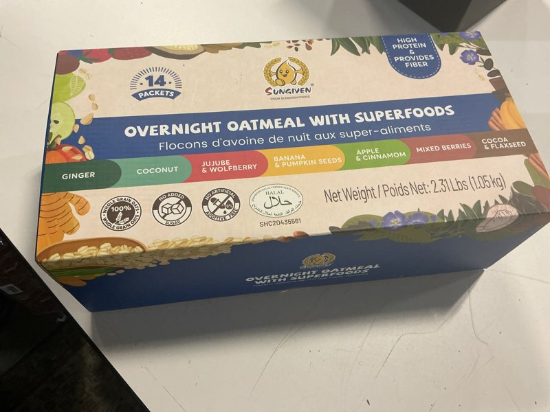 Condition photo showing New/Like New for (BB:jun-18-2026)SUNGIVEN High Protein Overnight Oats with Container - 7 Flavors Low Sugar High Fiber Instant Oatmeal Health Breakfast Snacks for Gym Office School Trip Kids with Superfoods, 14-Packs, 37 oz 7 Flavors Variety 2.65 Ounce (Pack of 14)