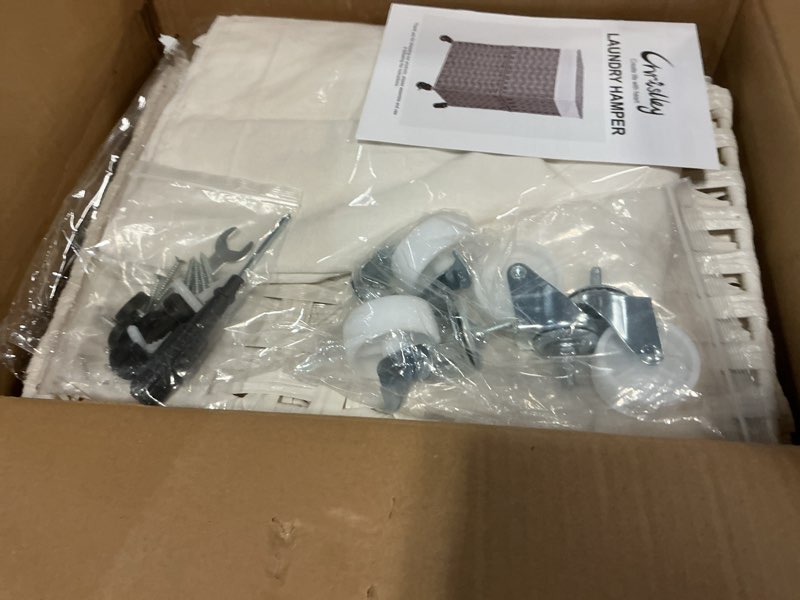 Condition photo showing Good Condition for Chrislley 90L Slim Laundry Hamper with Wheels, Rolling Laundry Basket with Lid and Renovable Liner Bag, Handwoven Rattan Organizer for bedroom, bathroom, laundry room (White) 90L White