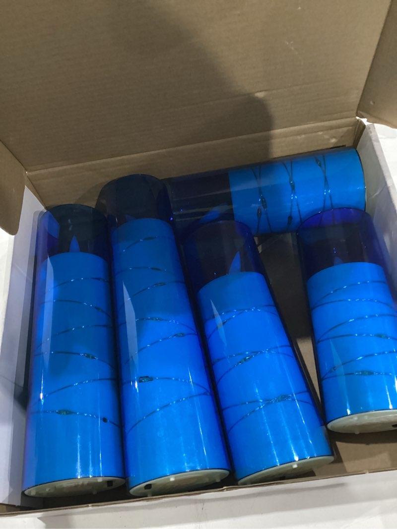 Condition photo showing As Is for Raycare Flameless Candle with Remote Timer – 5 Flickering Acrylic Battery Operated LED Pillar Candles with Embedded Star String for Christmas, Home Decor, and as a Gift(Blue) 5pcs-Blue