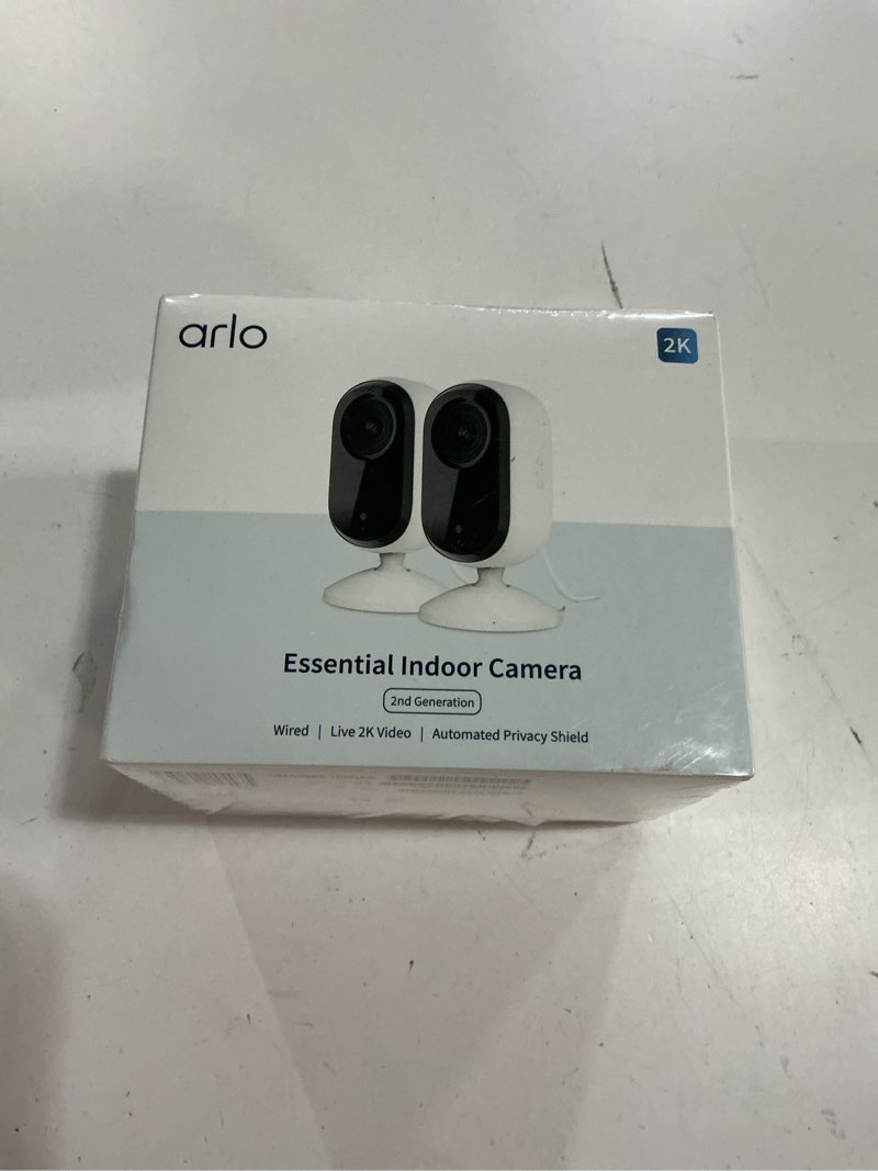 Condition photo showing New/Like New for Arlo Essential Security Camera 2K | Indoor Only| 2nd Gen | Baby Monitor & Pet Camera | Wireless with Spotlight, 2-Way Audio, Color Night Vision, Live Stream, Motion Activation, White, 2 Cameras 2K Indoor 2nd Gen 2 Cameras