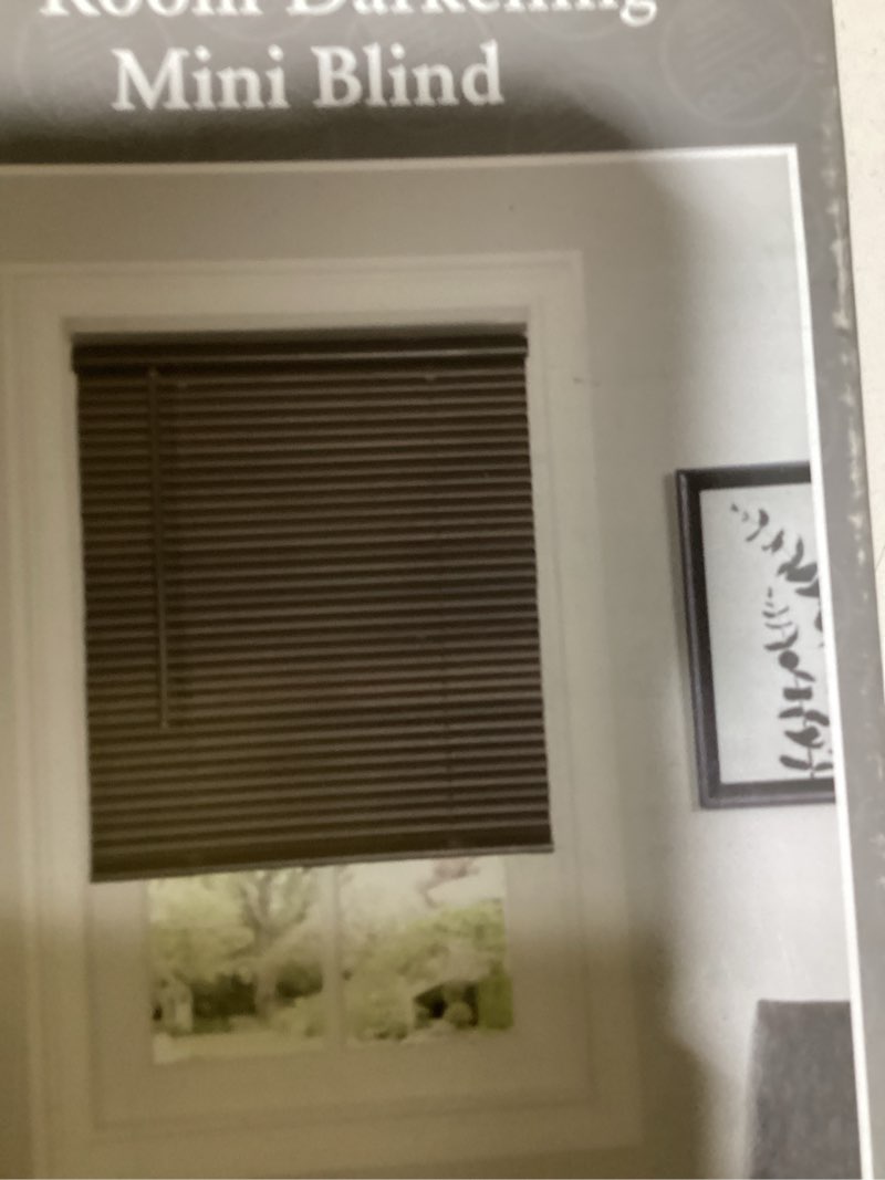 Condition photo showing As Is for cordless room darkening mini blind - 30 inch width, 64 inch length, 1" slat size - mahogany - cordless gii deluxe sundown horizontal windows blinds for interior by achim home decor mahogany 30"w x 64"h