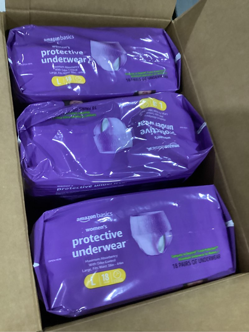 Condition photo showing New/Like New for Amazon Basics Incontinence Underwear for Women, Protective, Disposable, Postpartum, Maximum Absorbency, Large, Lavender, 18 Count Large 18