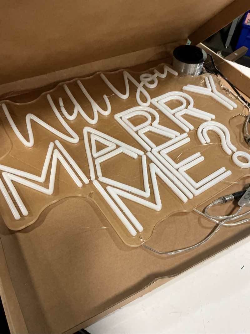 Condition photo showing As Is for will you marry me? neon sign -size:23inch- custom large wedding led neon light home wall decor wedding engagement party backdrop decoration personalized gift for her neon art.-warm white 23inches