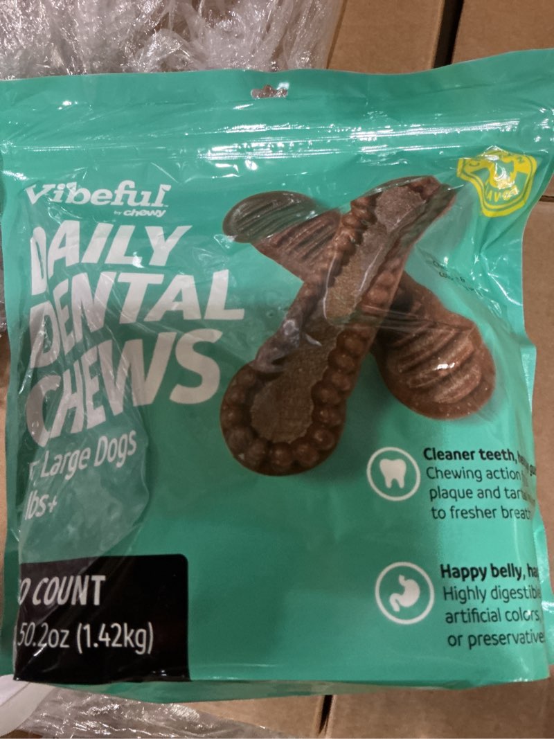 Condition photo showing New/Like New for (BBD 03/07/26). Treats Vibeful Large Daily Dental Chew Treats for Dogs 50 lbs, Chicken Flavor, 30 count