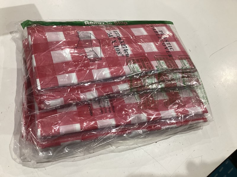 Condition photo showing Good Condition for 12 pack red and white plastic checkered tablecloth, premium decorative disposable red gingham plaid table cloths for parties, rectangle party table cover for picnic farm birthday wedding, 54x108 inch red checkered 54"x108"-12 pack