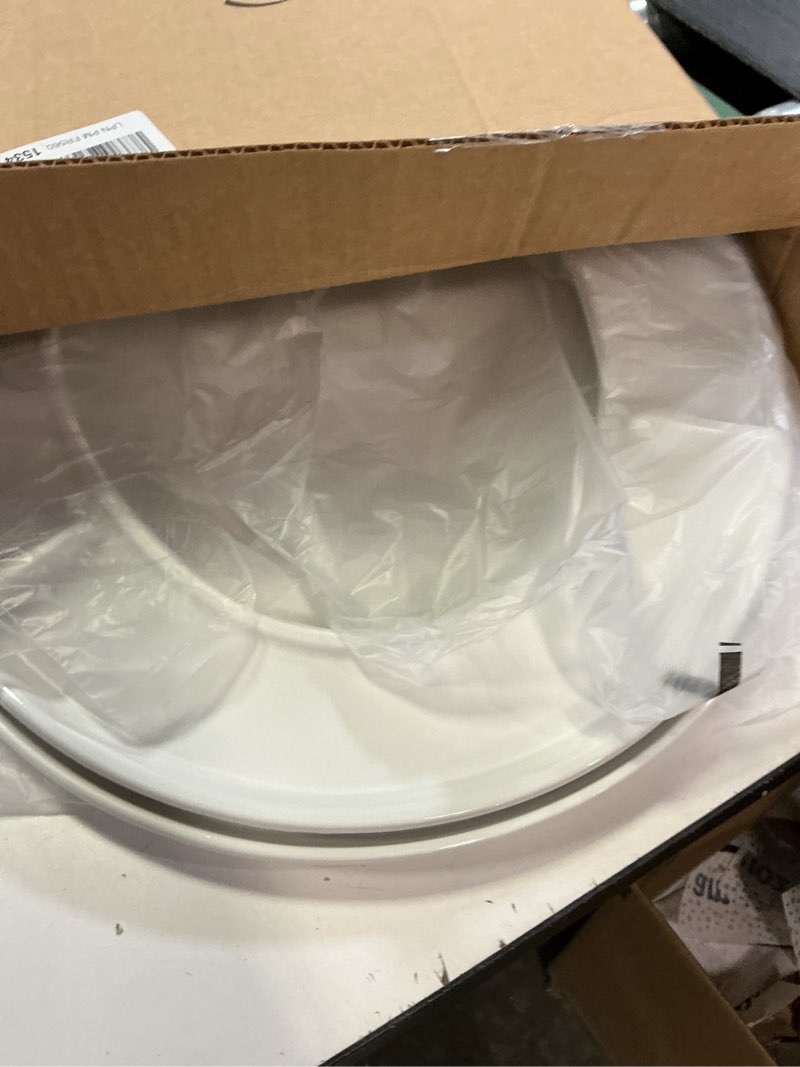 Condition photo showing As Is for mayfair caswell modern slow close toilet seat, easy clean hinges and durable plastic seat, made in usa, round, white round 1 seat