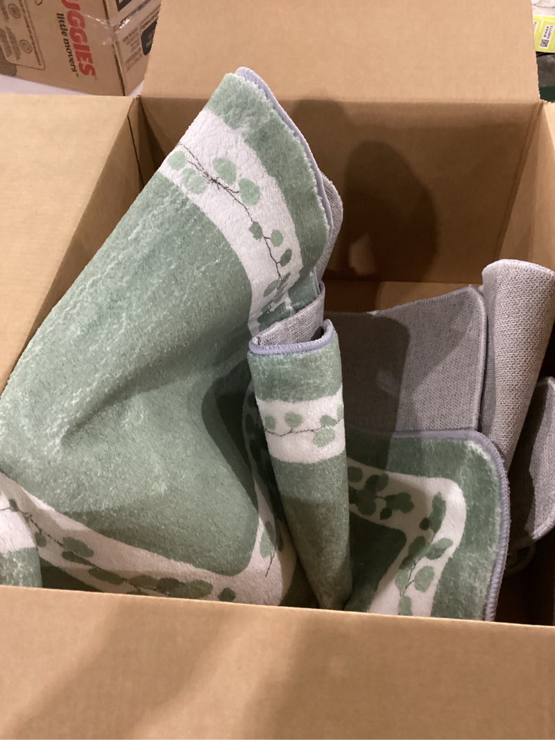 Condition photo showing As Is for nuanchu 6 pcs sage green bathroom rugs set with eucalyptus leaves hand flowers towels non slip u-shaped fresh toilet rug water absorption bath mat for bathroom bedroom living room green eucalyptus leaves