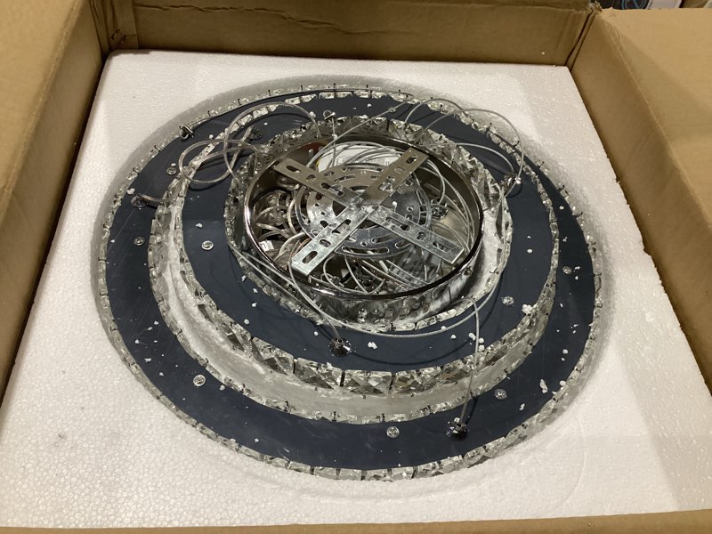 Condition photo showing Good Condition for buccleuch 3-ring crystal chandelier, etl-listed dimmable led pendant light, slope ceiling compatible stainless steel k9 crystal ceiling light for dining room bedroom living room, 6500k 3 ring silver crystal medium