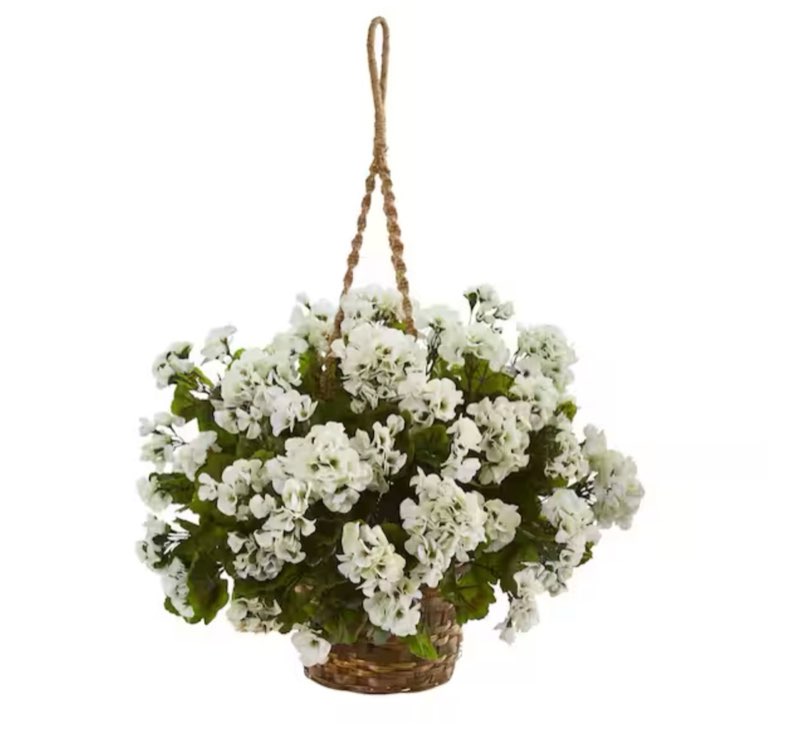 Indoor/Outdoor UV Resistant White Geranium Hanging Basket Artificial Plant