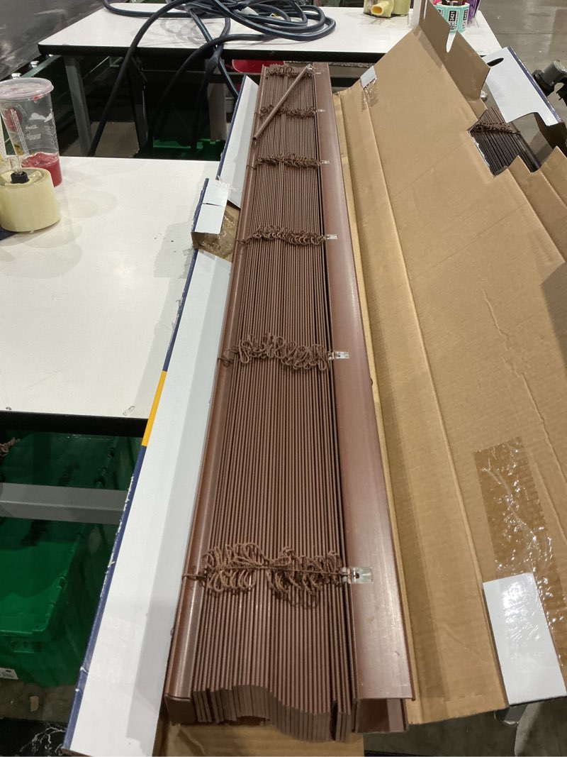 Condition photo showing As Is for levolor trim+go 2-in slat width 67-in x 64-in cordless walnut faux wood room darkening full-view standard horizontal blinds