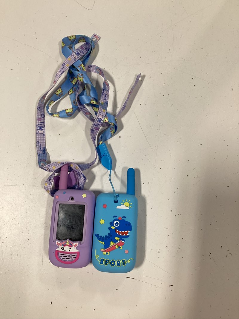 Condition photo showing As Is for video walkie talkies for kids ages 3-12, 2 pack rechargeable video intercom toys with camera, indoor outdoor adventure games for family camping hiking birthday gifts for boys girls (blue/pink)